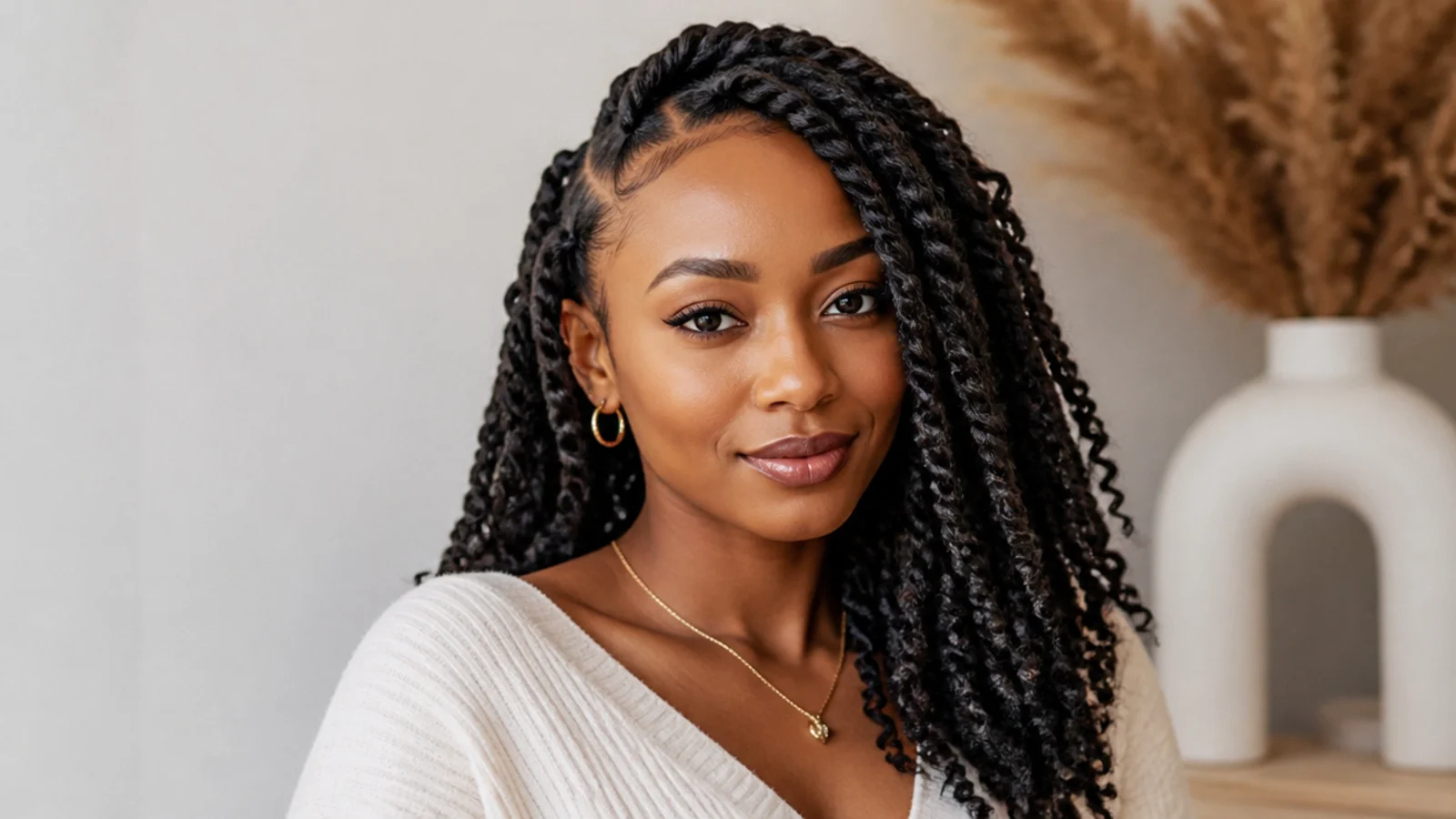 Passion twists styled with a deep side part