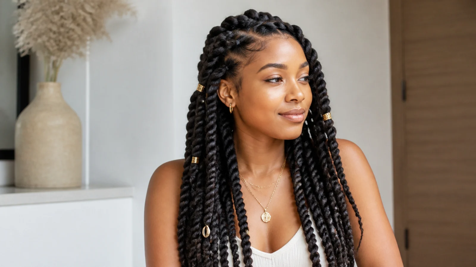 Passion twists accessorised with gold cuffs and beads