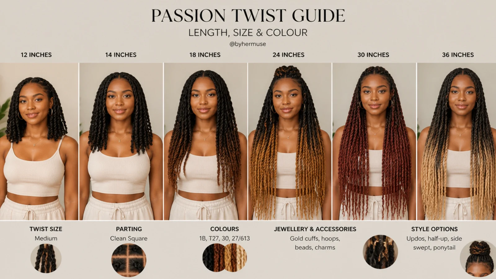 Passion twists shown in different lengths, sizes and colours