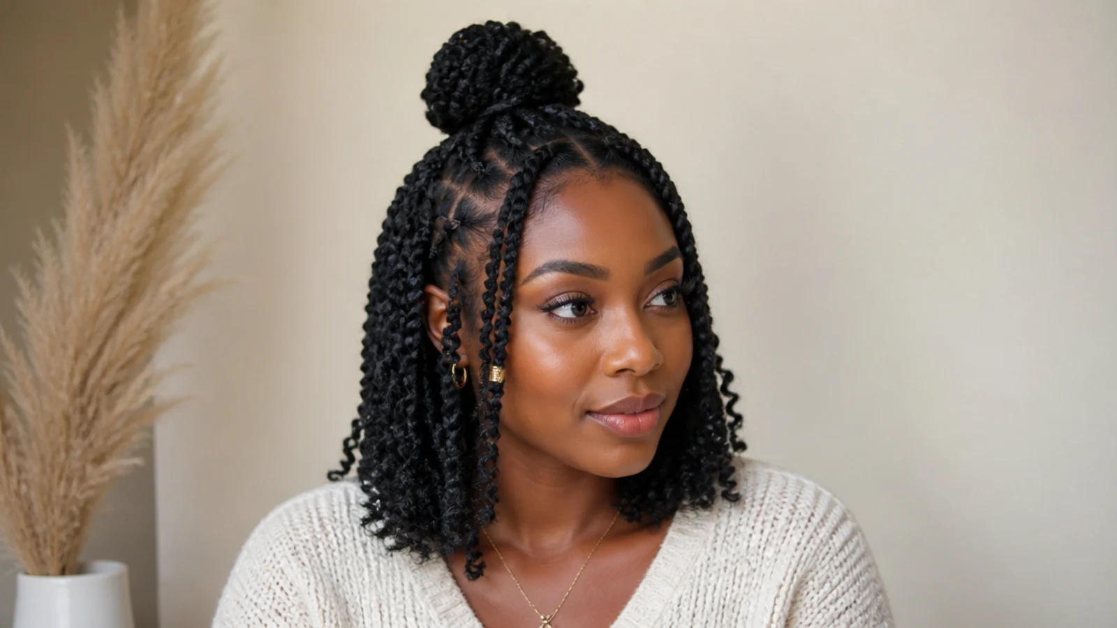 Shoulder-length passion twists in a half-up bun