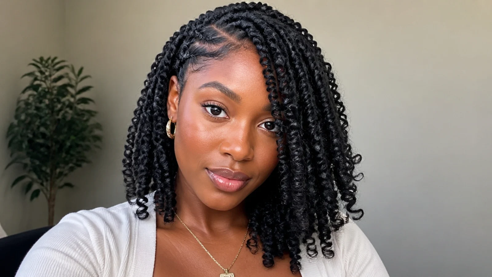 Shoulder-length passion twists with a deep side part