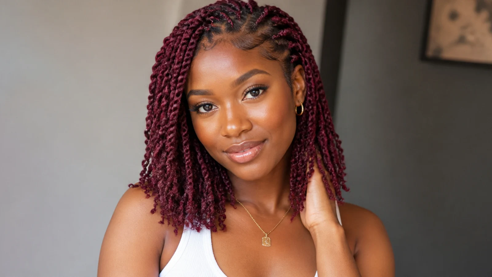 Deep burgundy shoulder-length passion twists