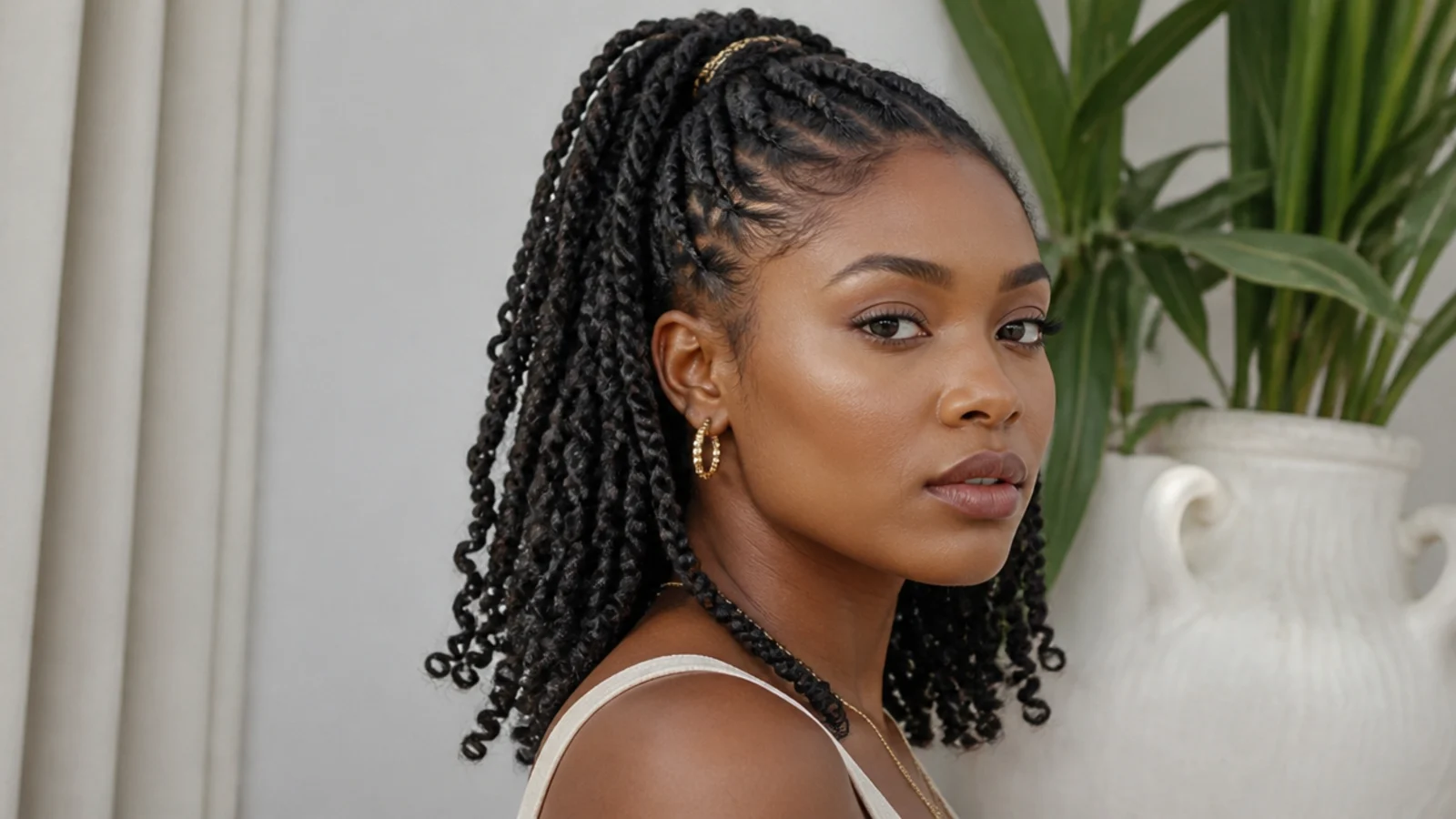 Shoulder-length passion twists in a high ponytail