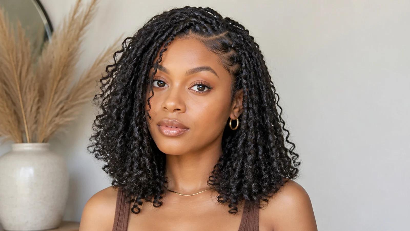 Shoulder-length passion twists with soft curls left out