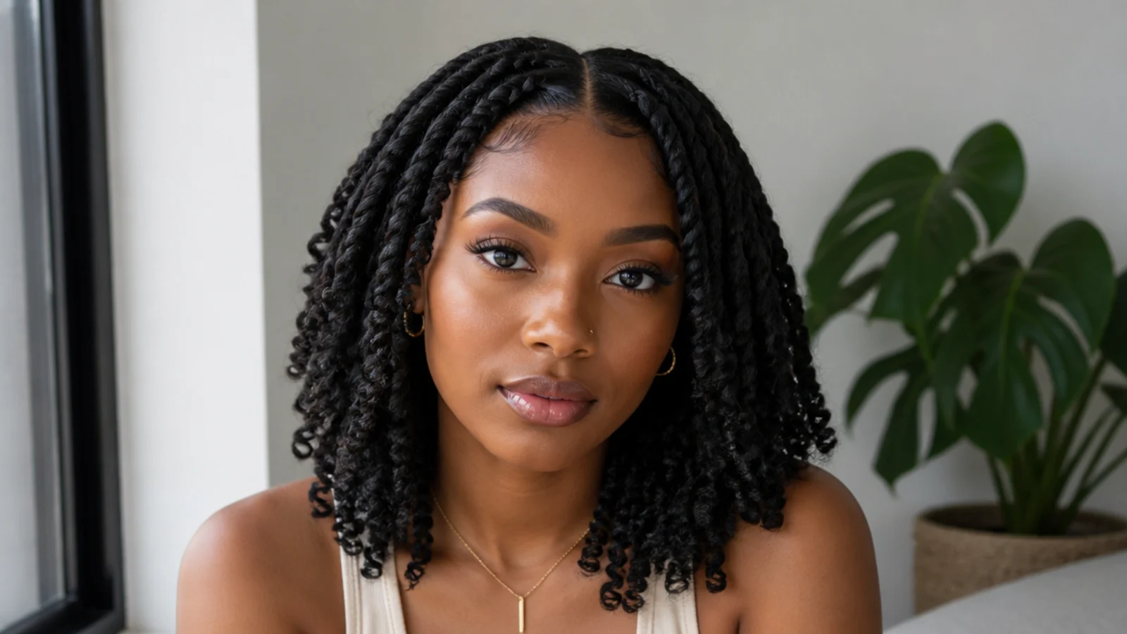 Shoulder-length passion twists with a clean middle part