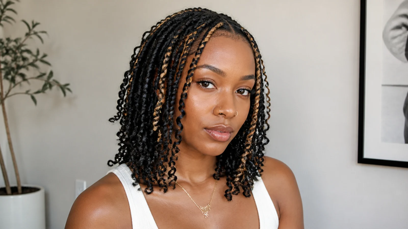 Shoulder-length passion twists with lighter face-framing pieces