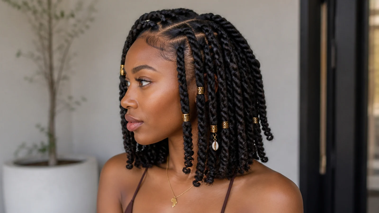 Shoulder-length passion twists with gold cuffs and beads