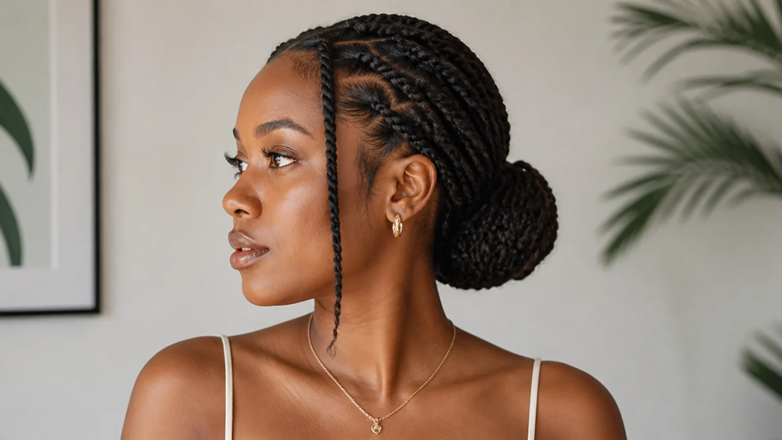 Shoulder-length passion twists in a sleek low bun