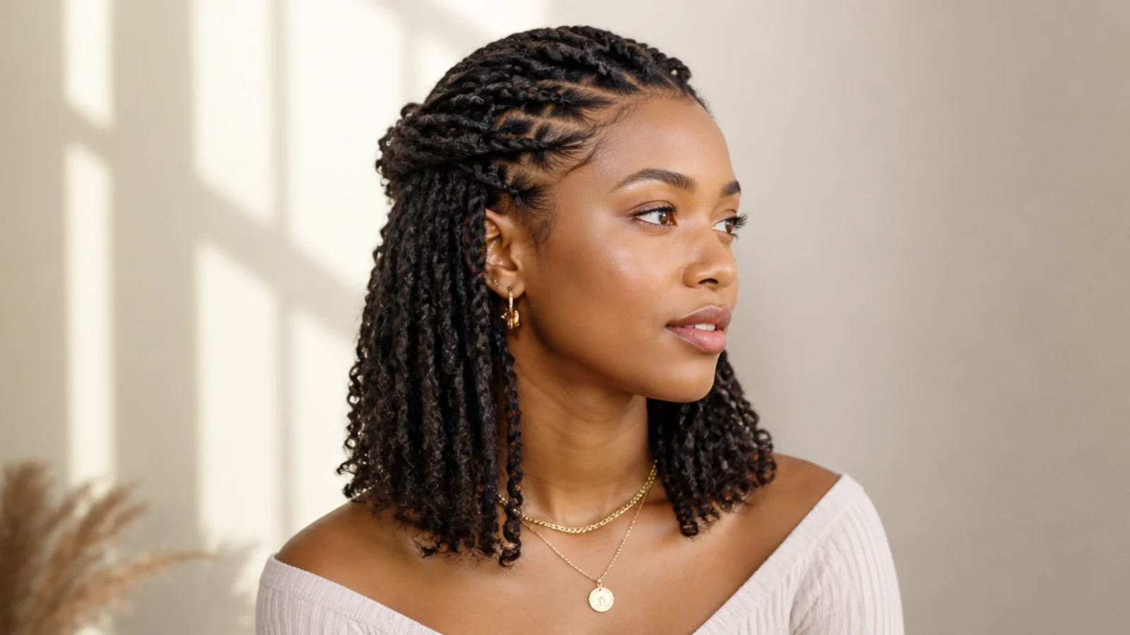 Shoulder-length passion twists with the crown braided back