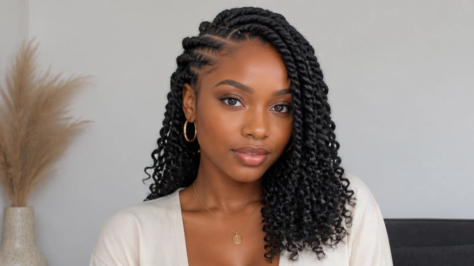 Shoulder-length passion twists swept over one shoulder