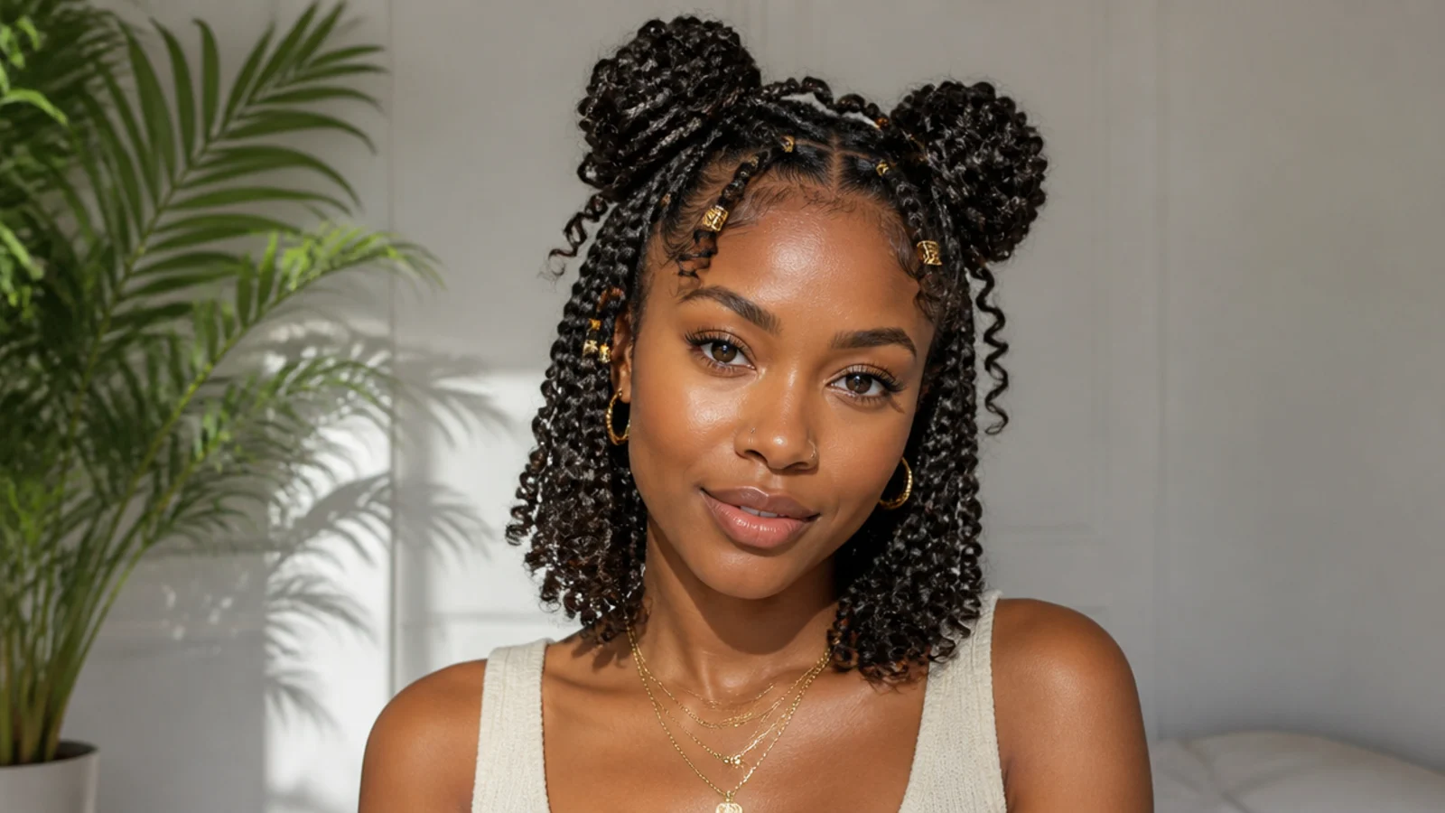 Shoulder-length passion twists in playful double buns