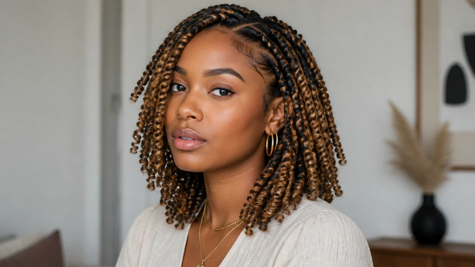 Shoulder-length passion twists blending honey and caramel