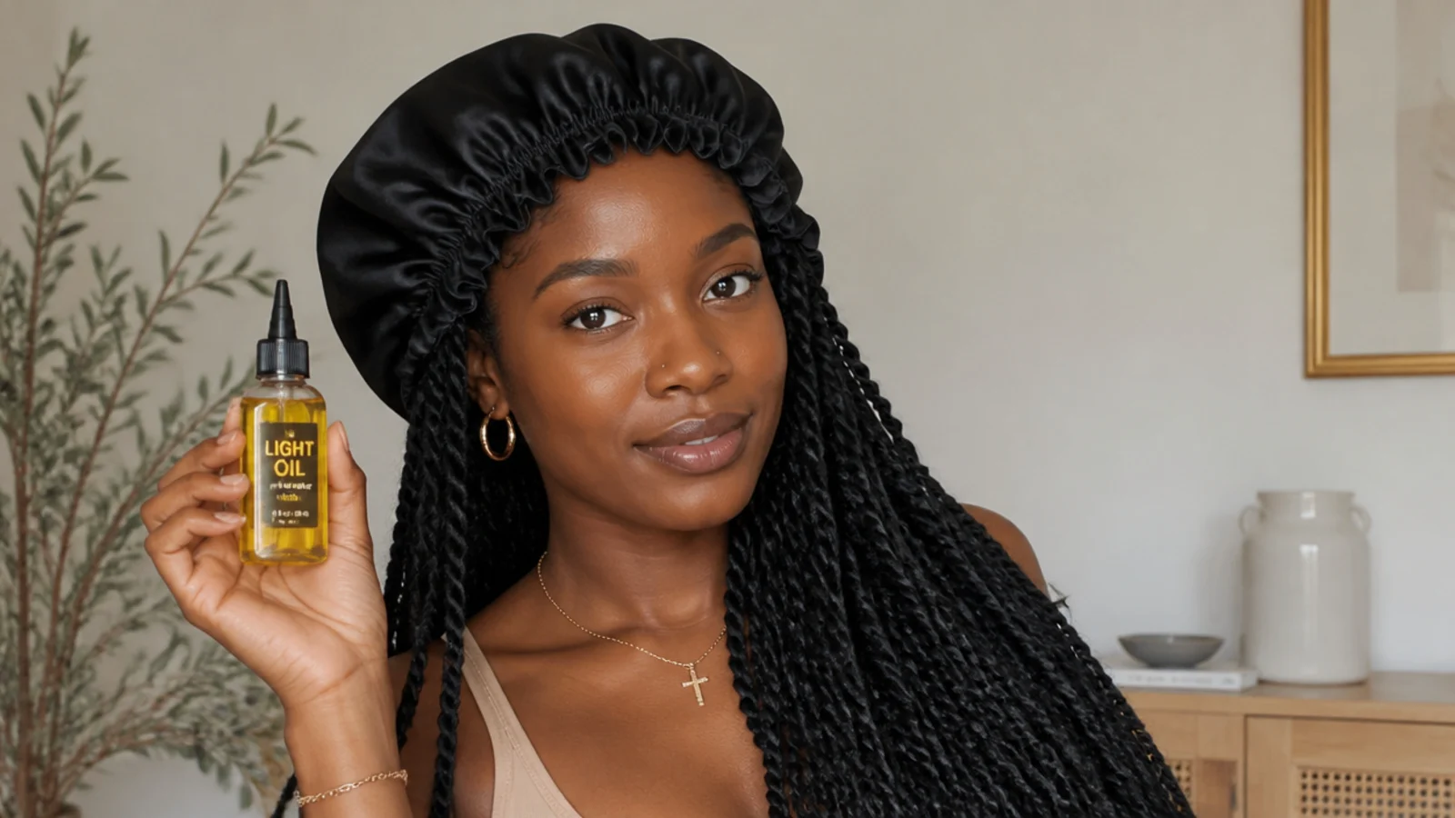 Satin bonnet and light oil for passion twists care
