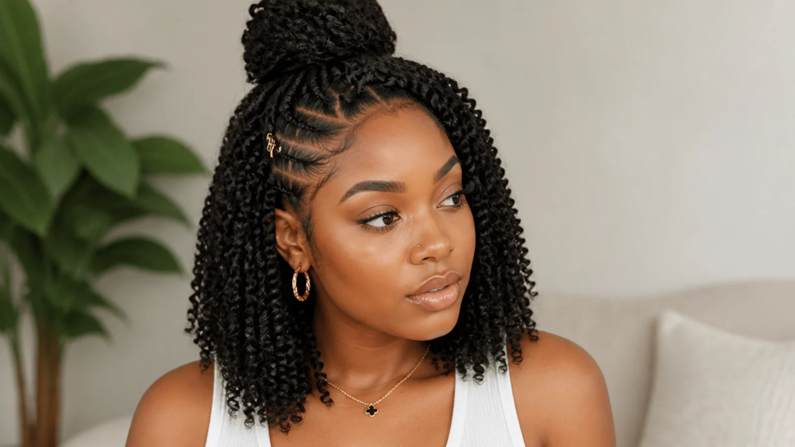 Shoulder-length passion twists in a half-up bun and side part