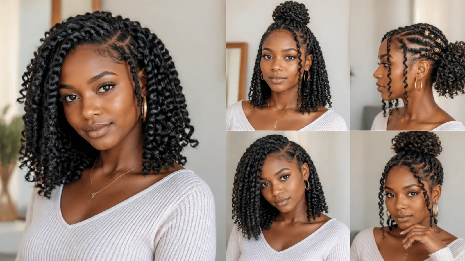 Shoulder-length passion twists styled several ways