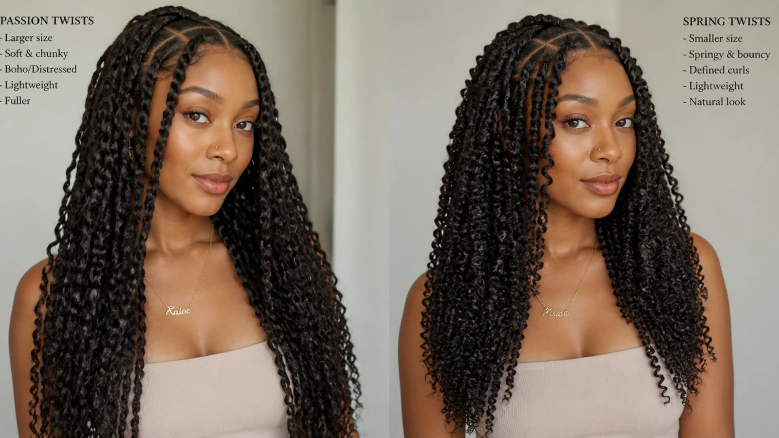 Passion twists and spring twists side by side for comparison