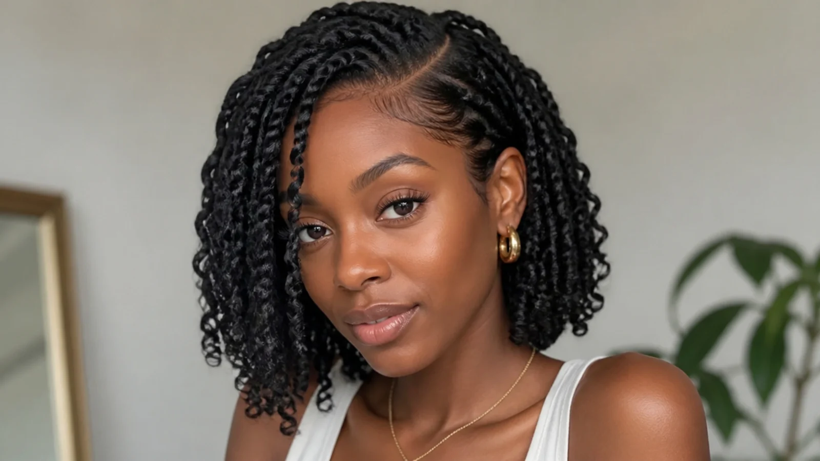 Short passion twists bob with a deep side part