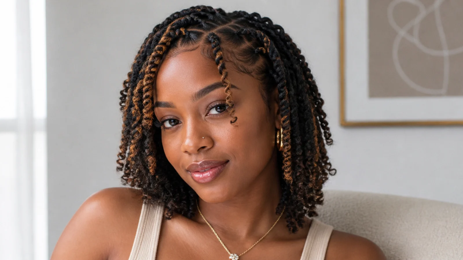 Short passion twists with lighter face-framing pieces