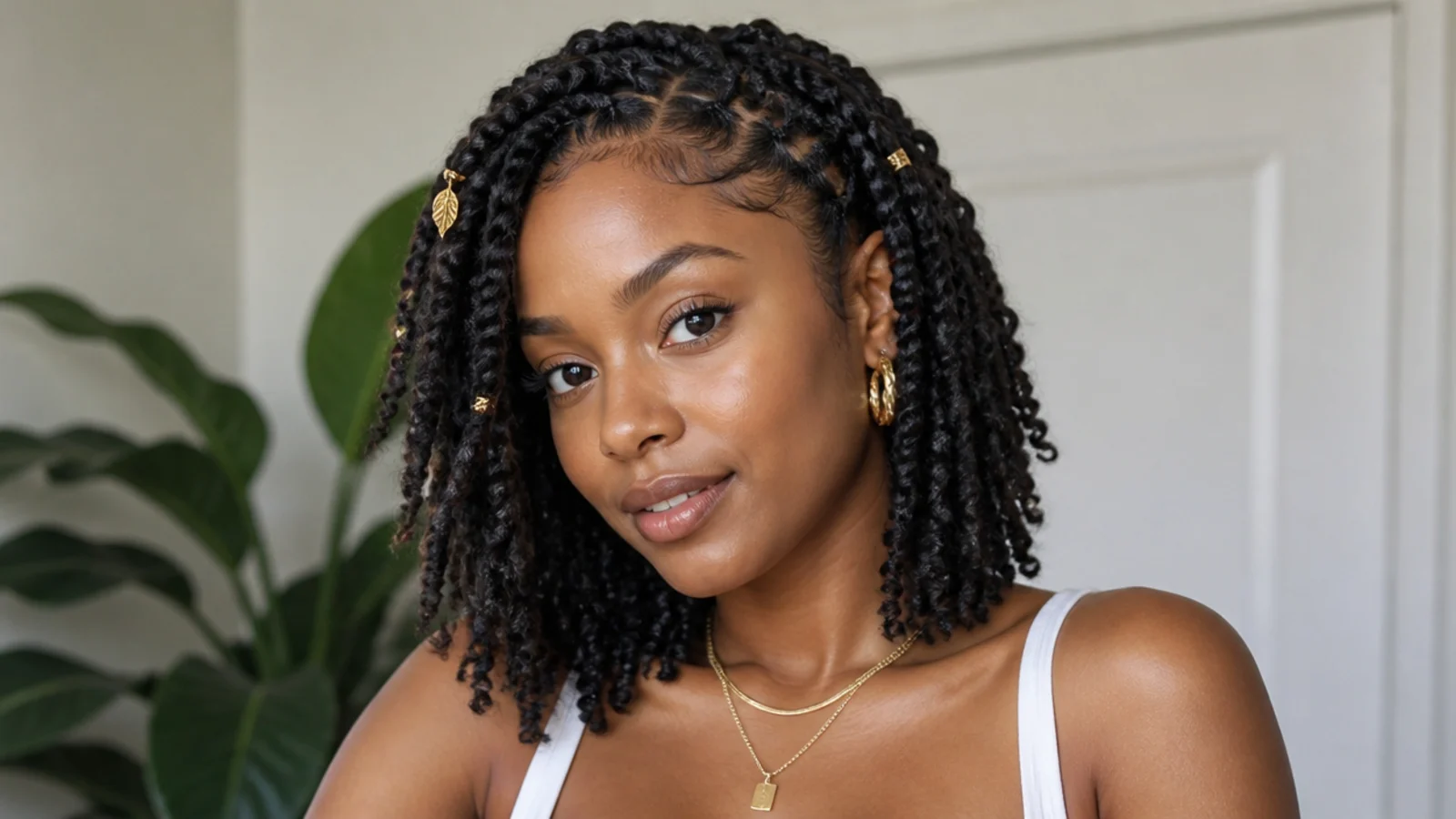 Short passion twists with gold cuffs and beads