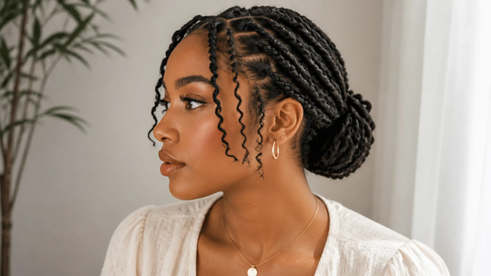 Short passion twists in a small low bun