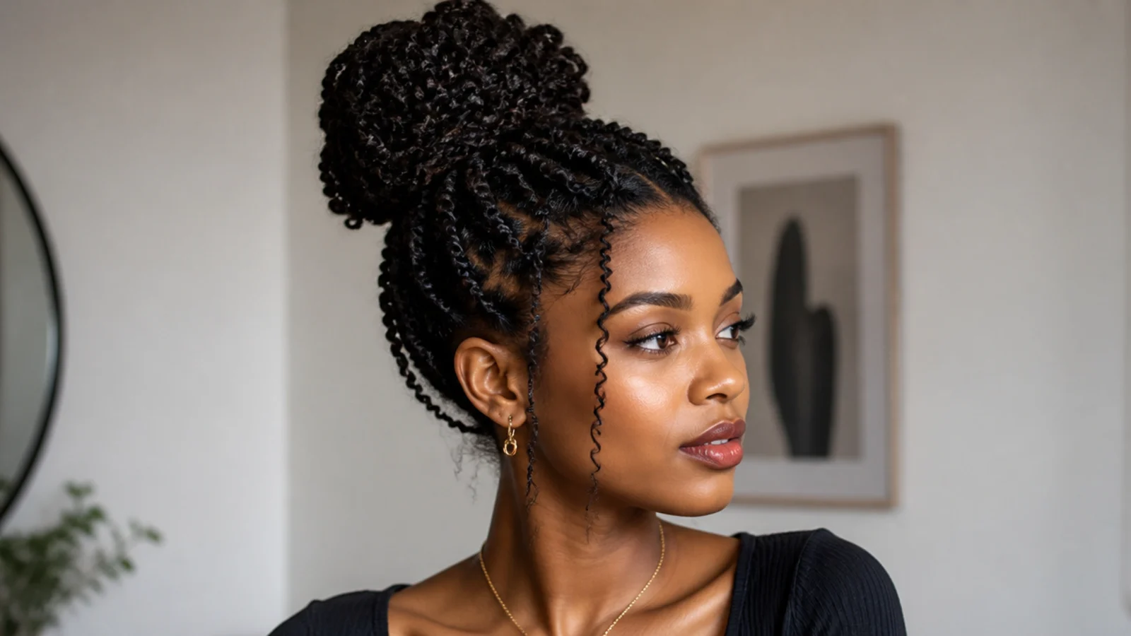 Short passion twists gathered into a high bun