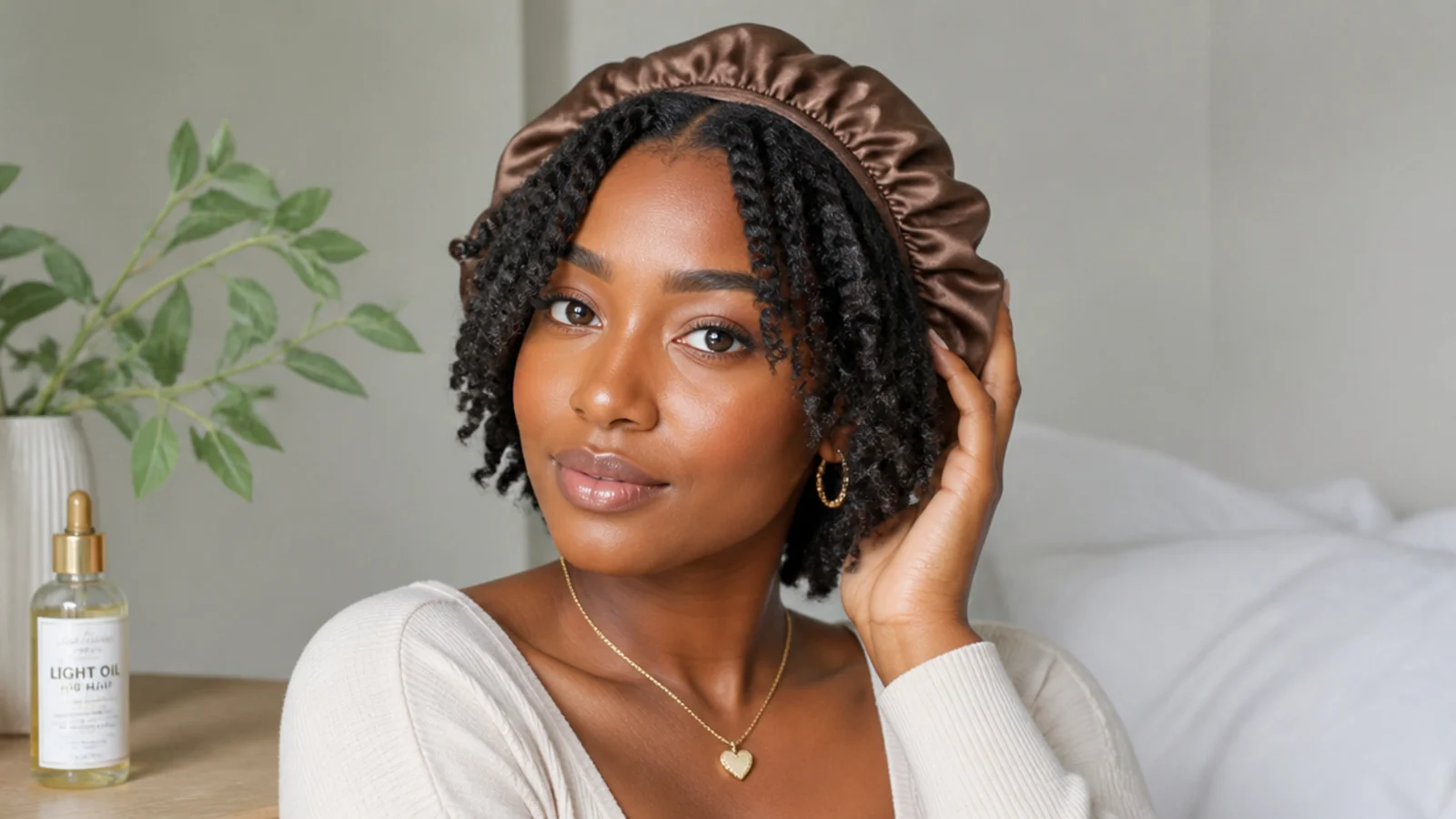 Satin bonnet and light oil for short passion twists care