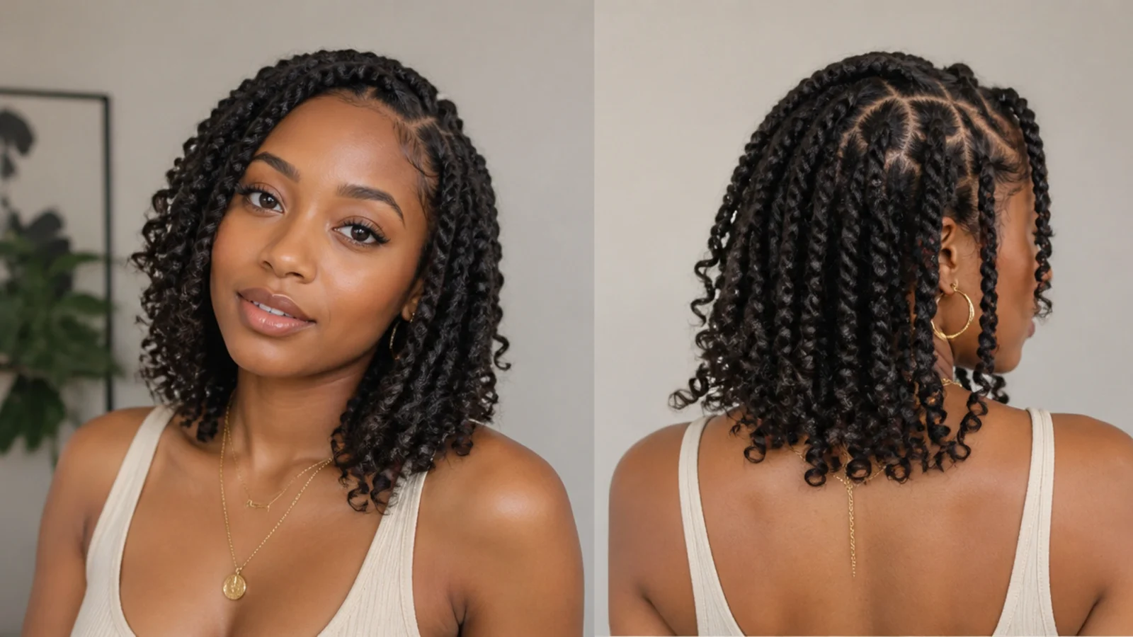 Short shoulder-length passion twists with a boho texture