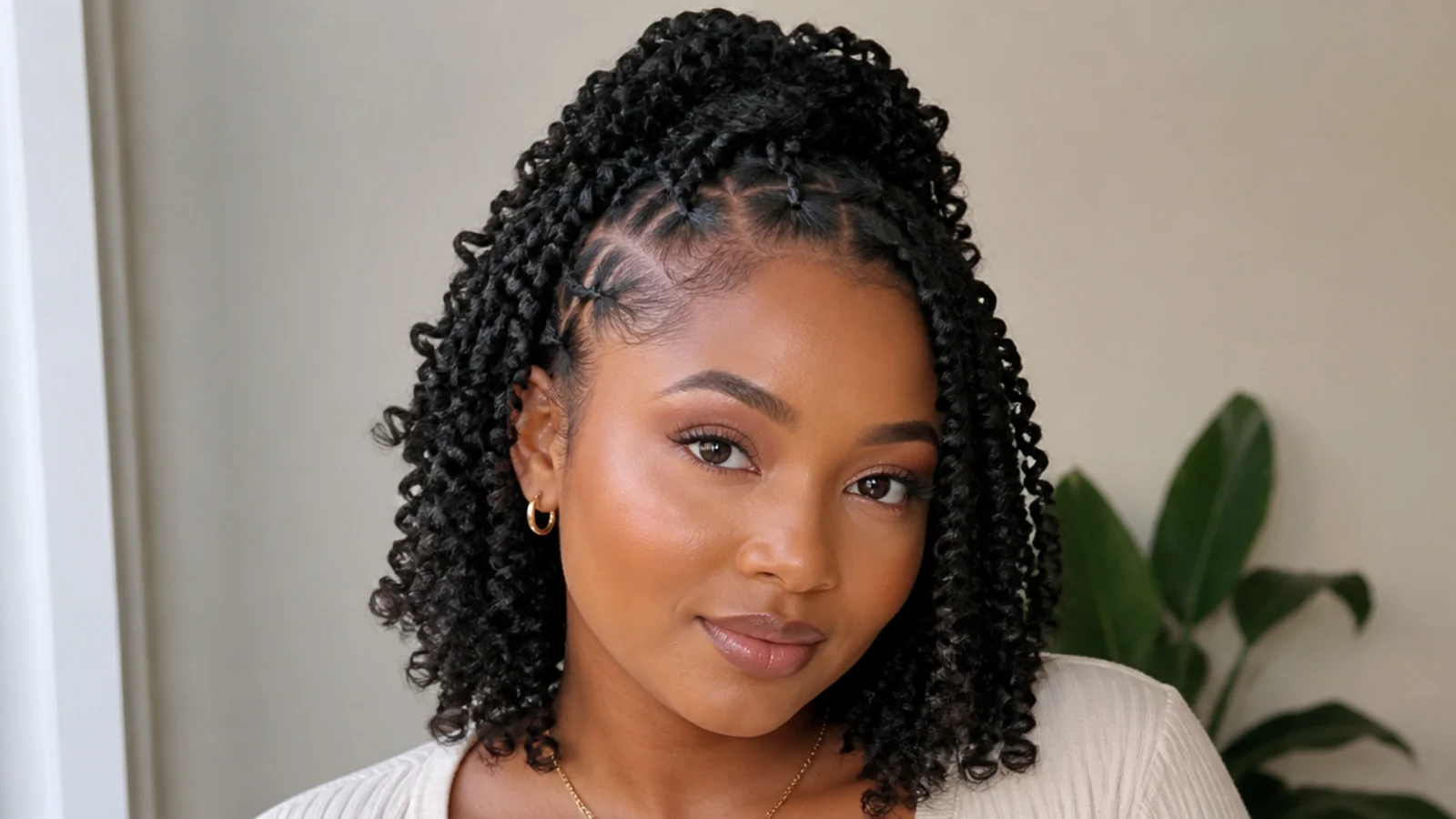 Short passion twists styled in a half-up look and side part