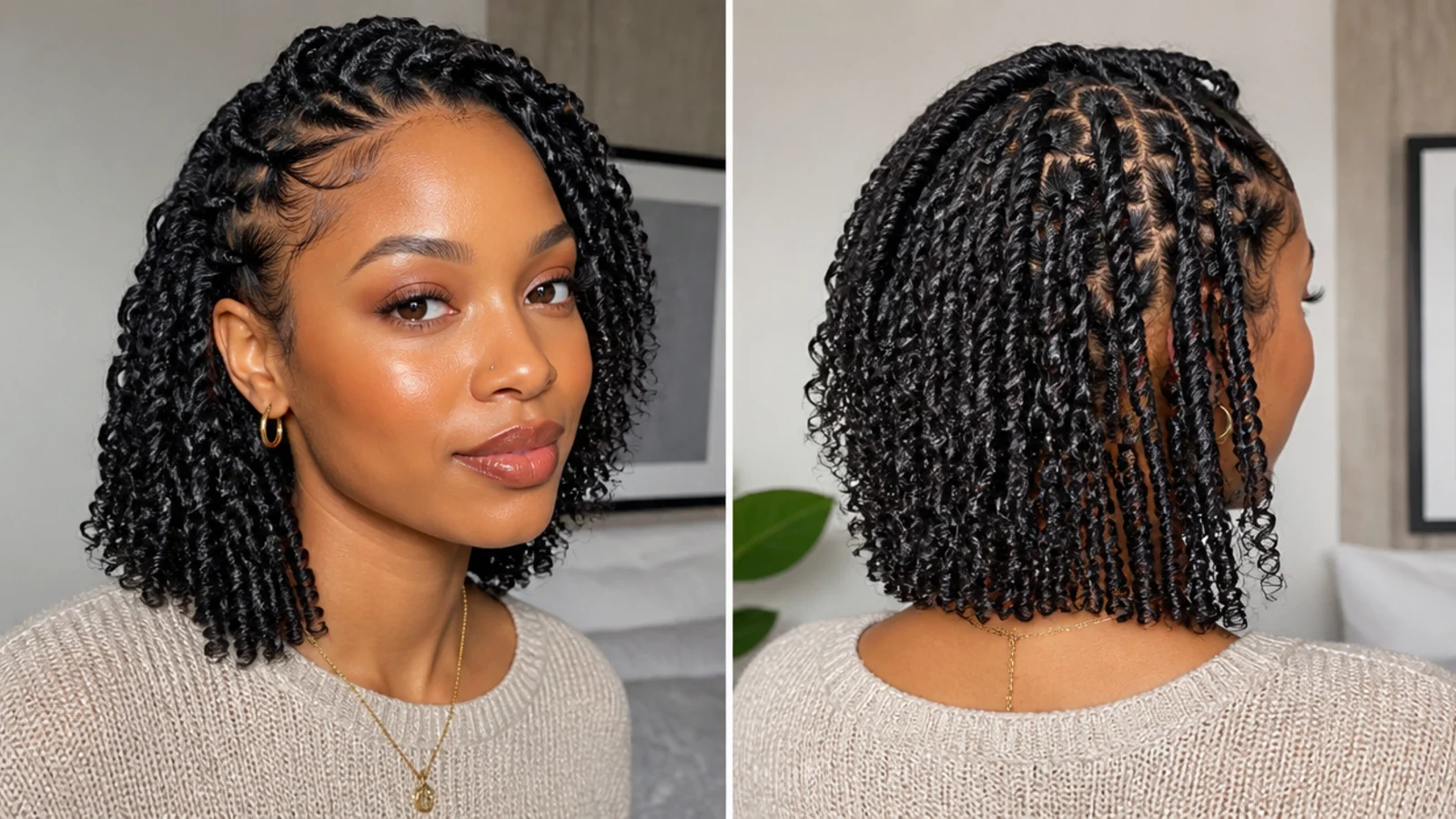 Lightweight short passion twists styled off the face
