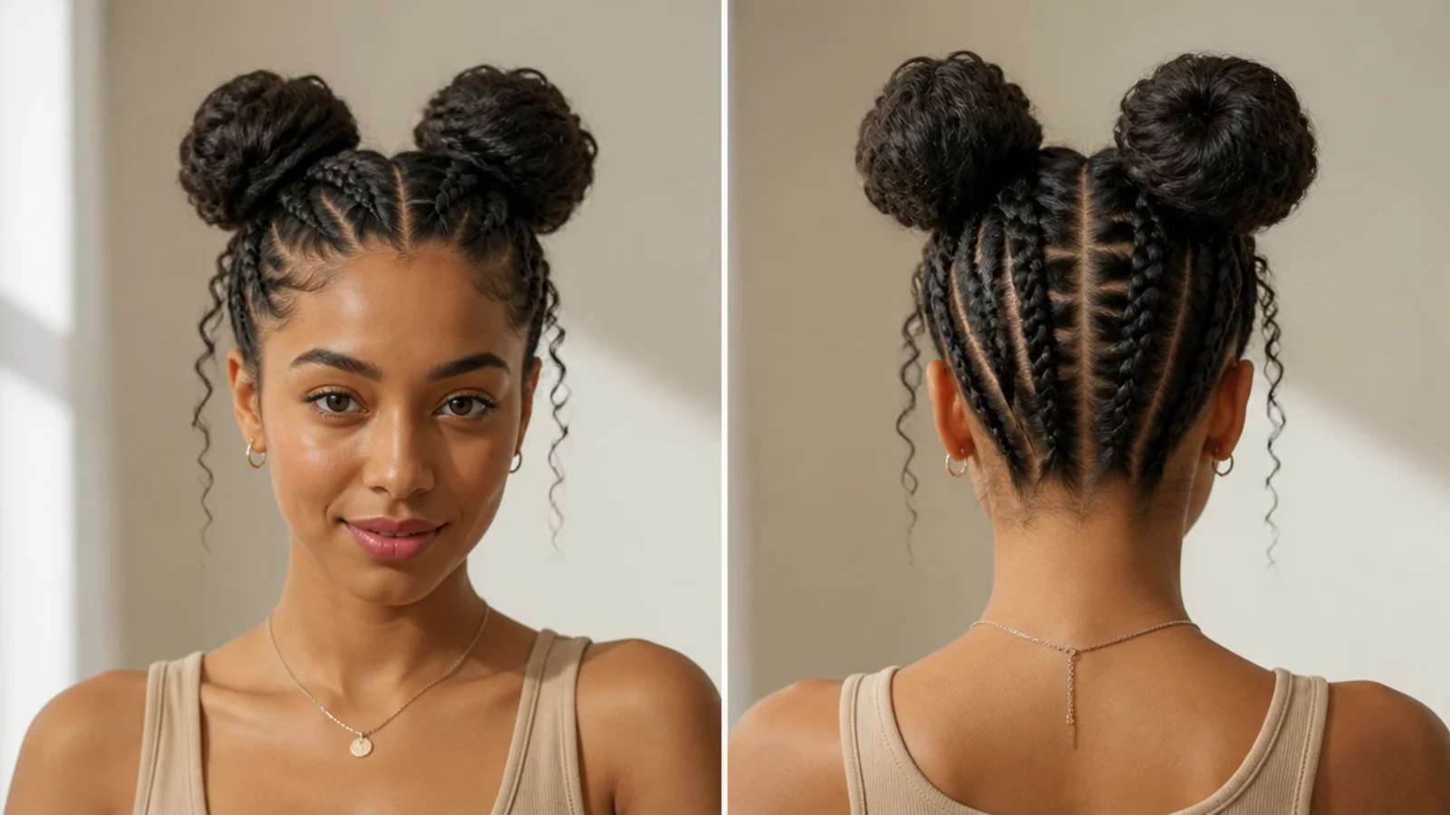 Cornrows leading up into two neat space buns