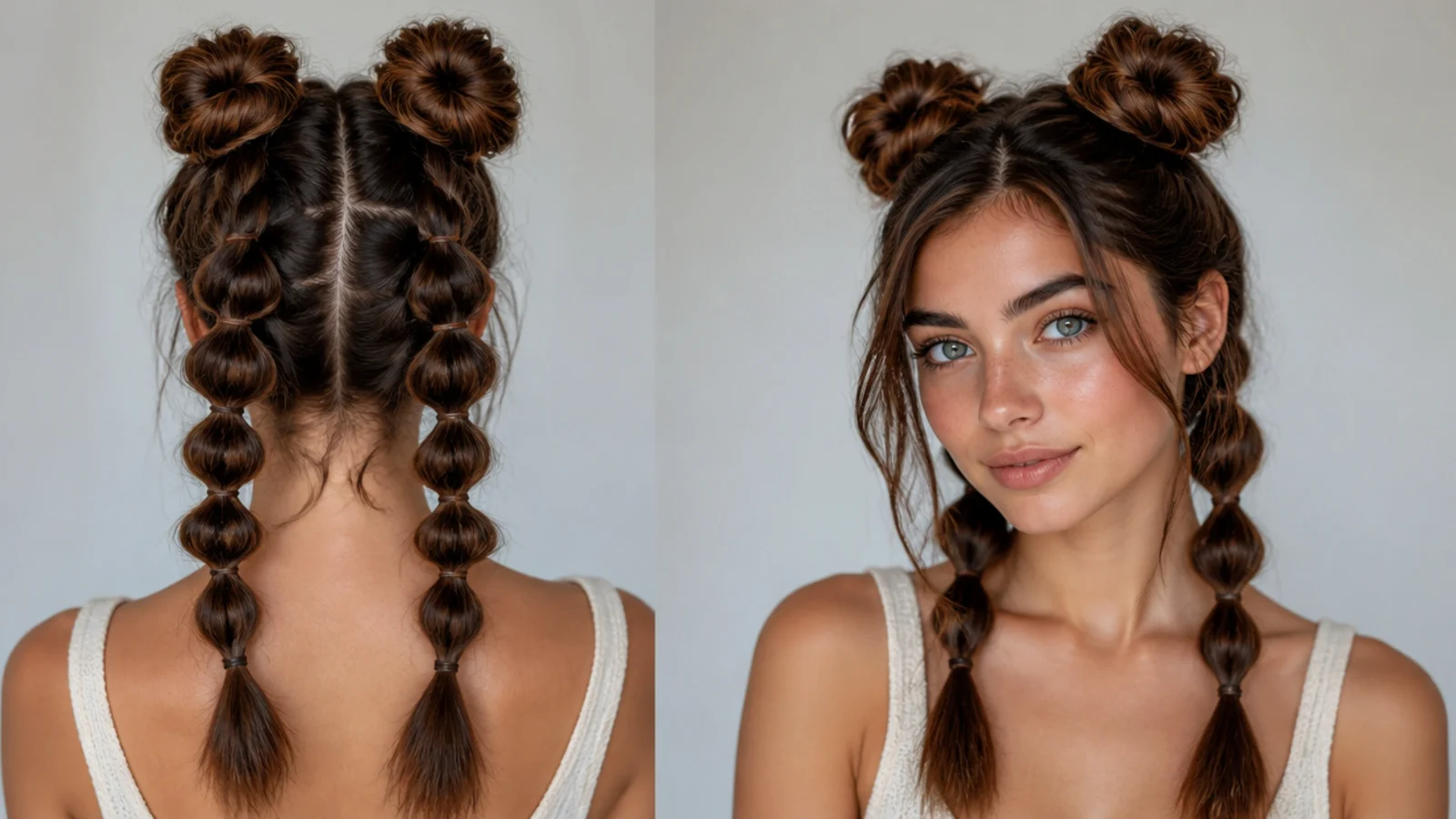 Bubble braids leading up into space buns