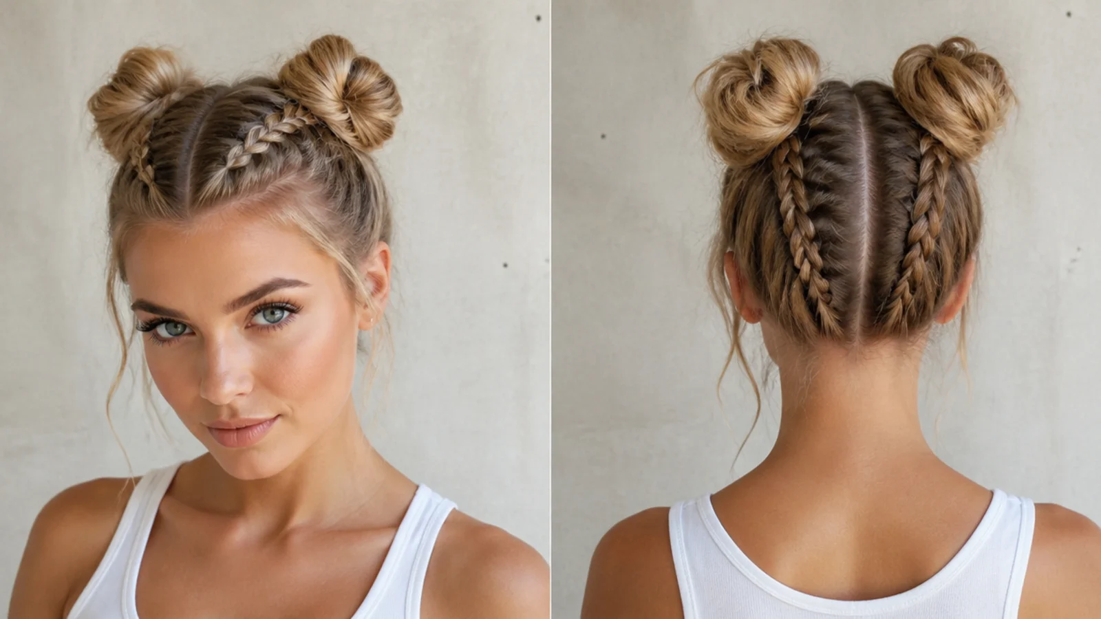 Dutch braids leading up into two space buns
