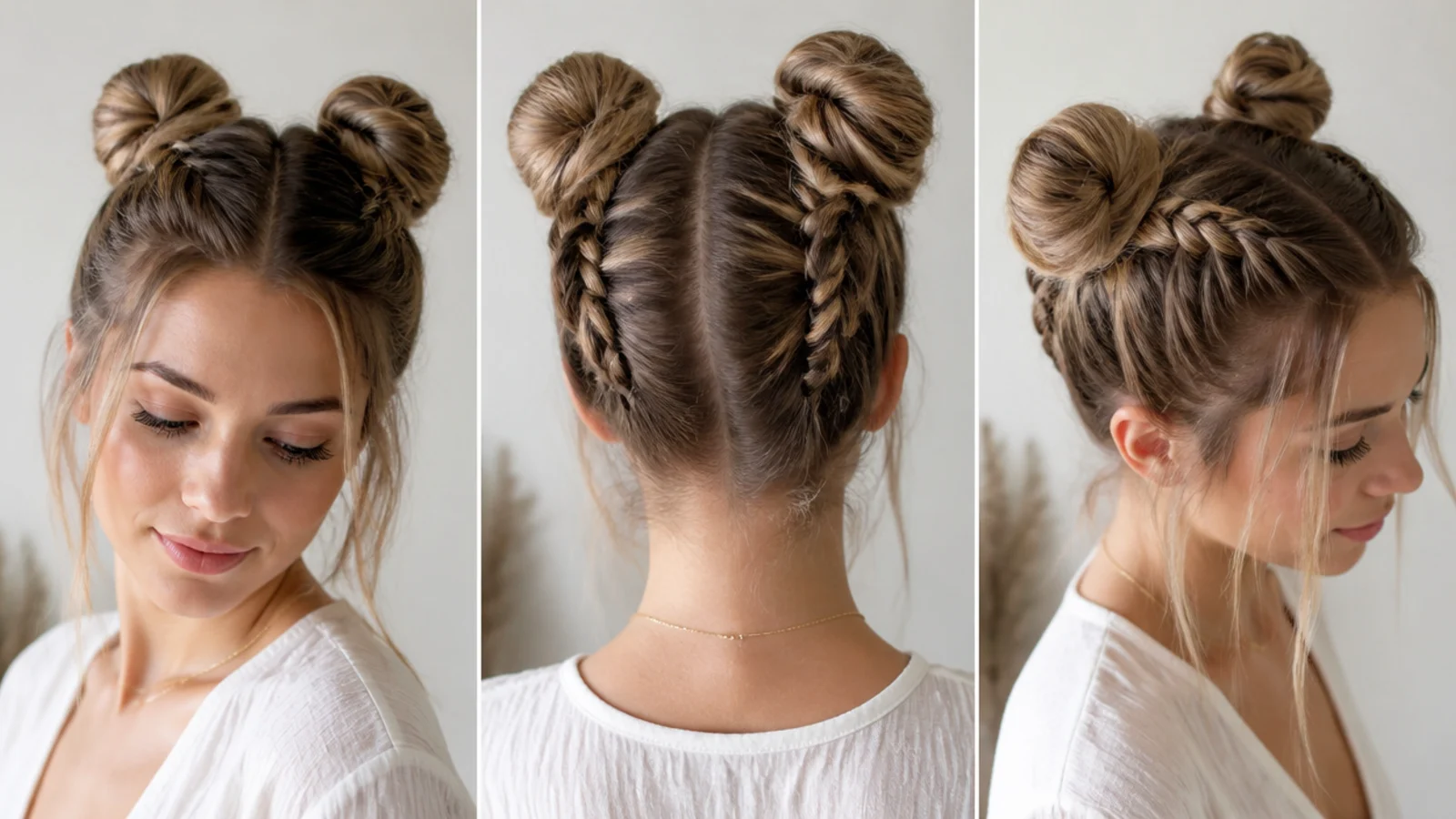 Fishtail braids leading up into space buns