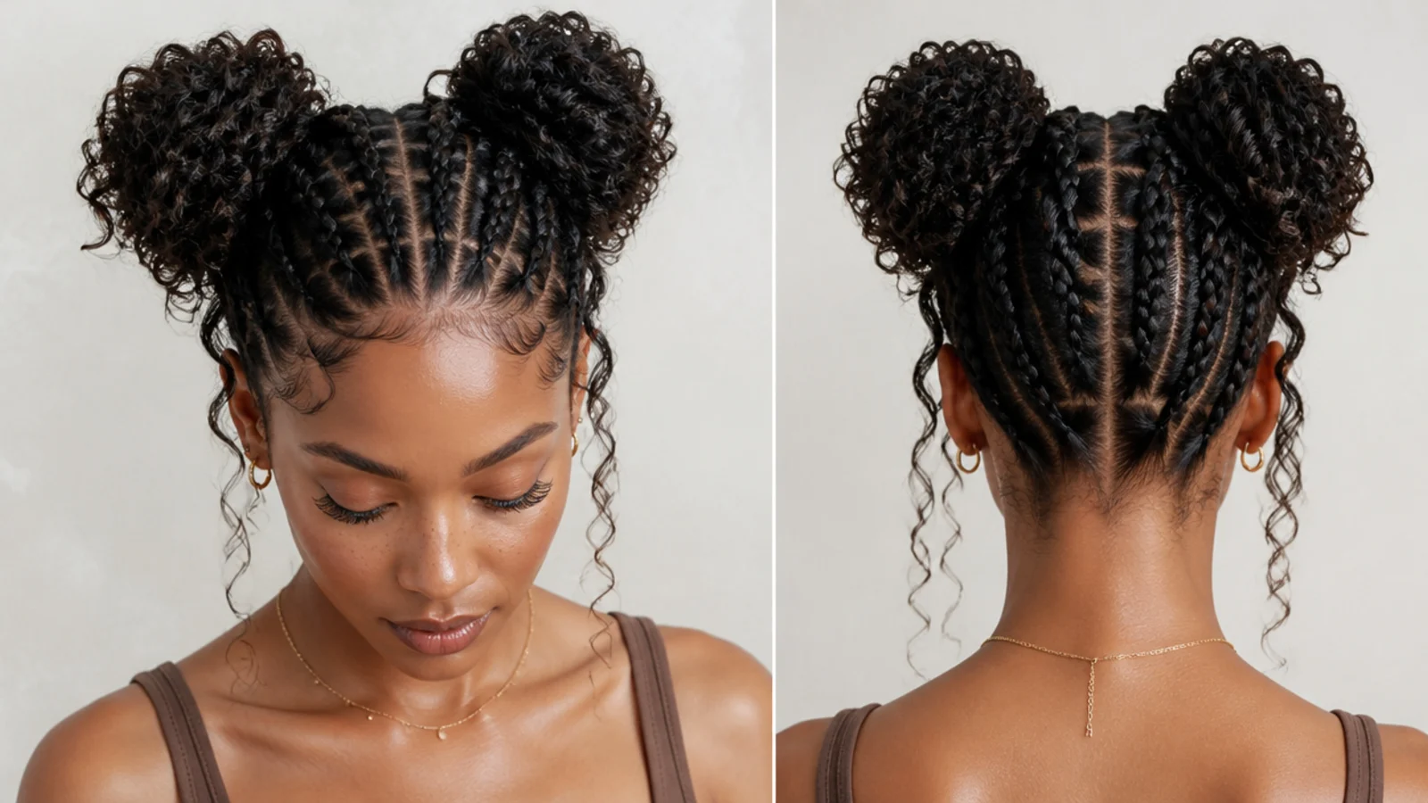 Cornrows leading into curly space buns