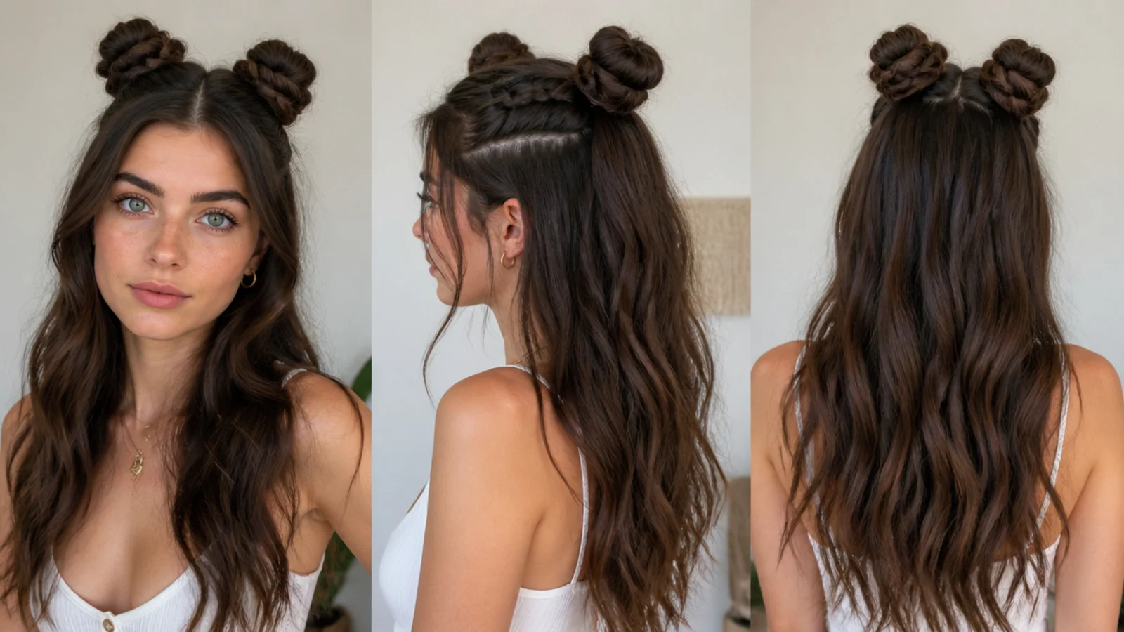 Half-up braided space buns with the rest of the hair down