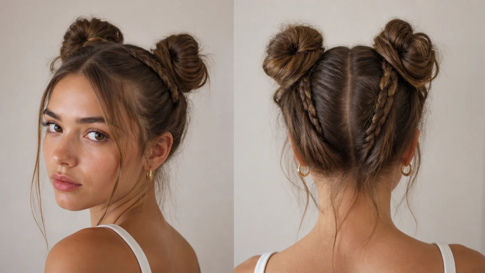 Space buns with a small accent braid worked into each