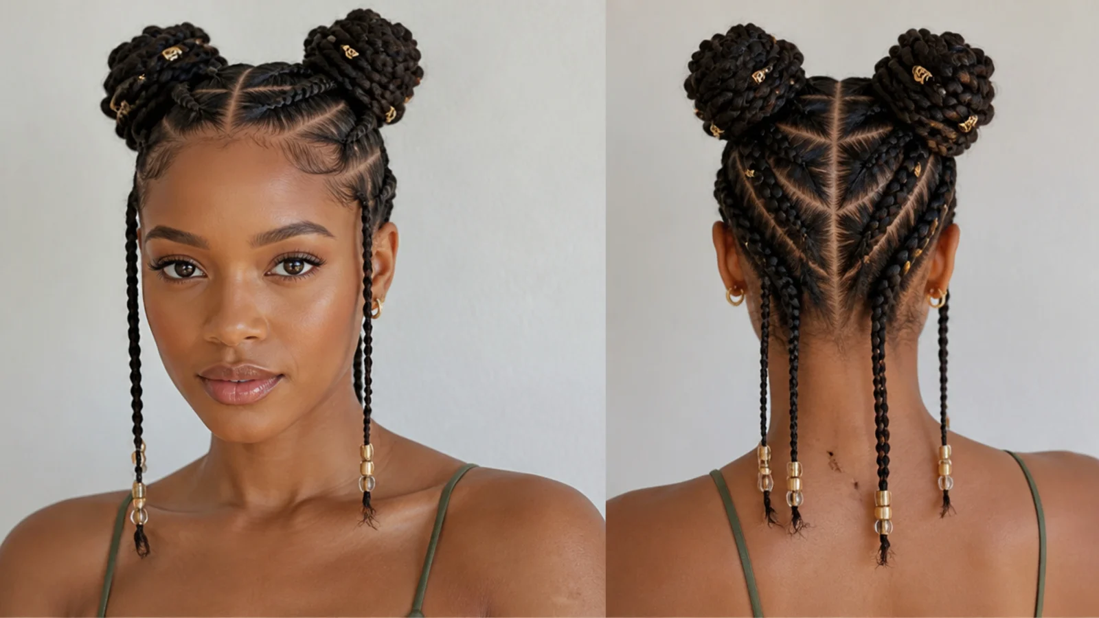 Braided space buns finished with hair beads