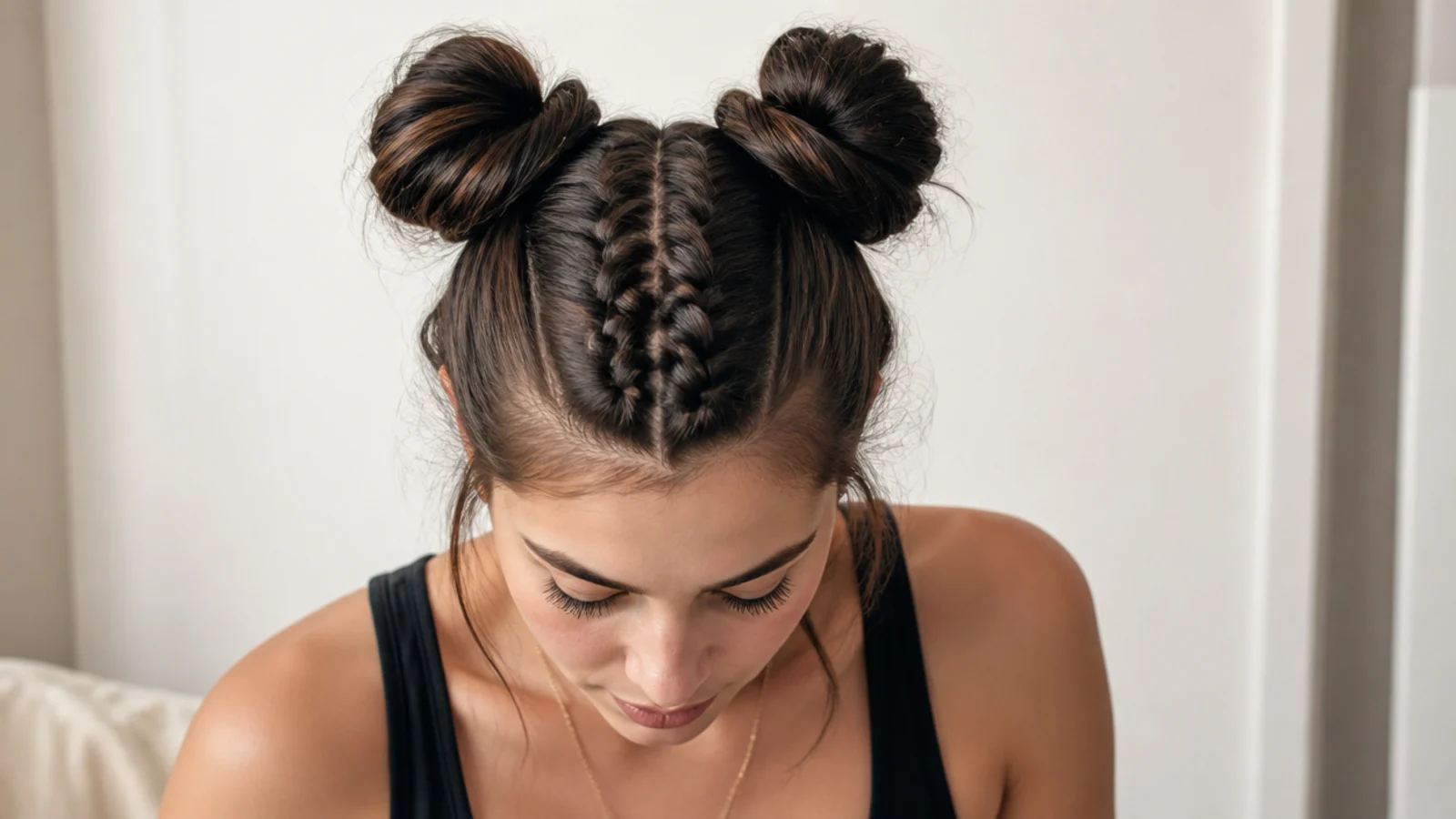 A braid across the crown leading into two space buns