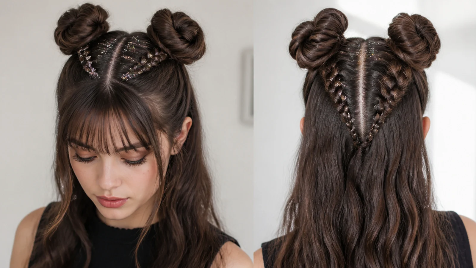Braided space buns with glitter along the braids