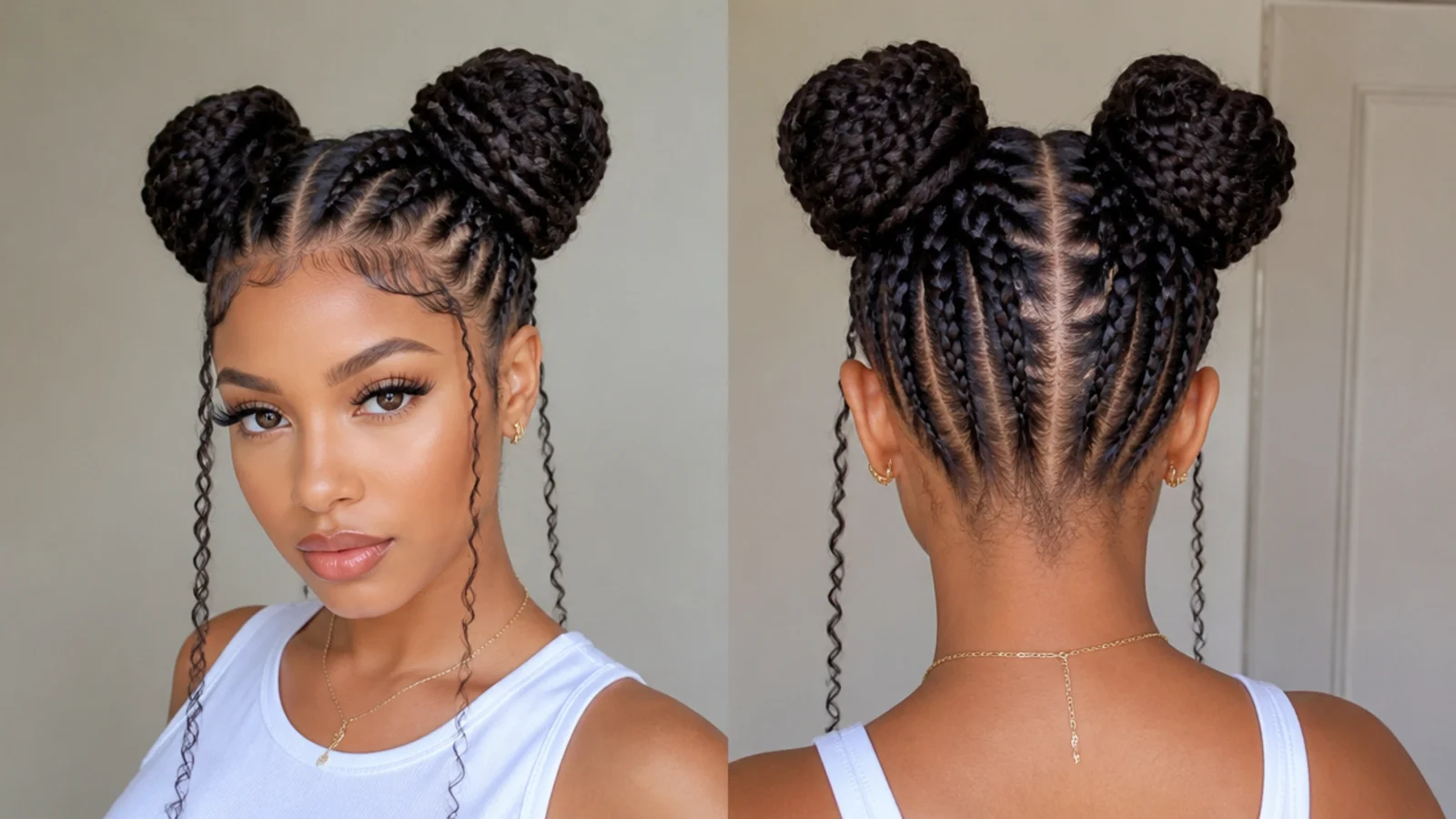Braids leading into two oversized jumbo space buns