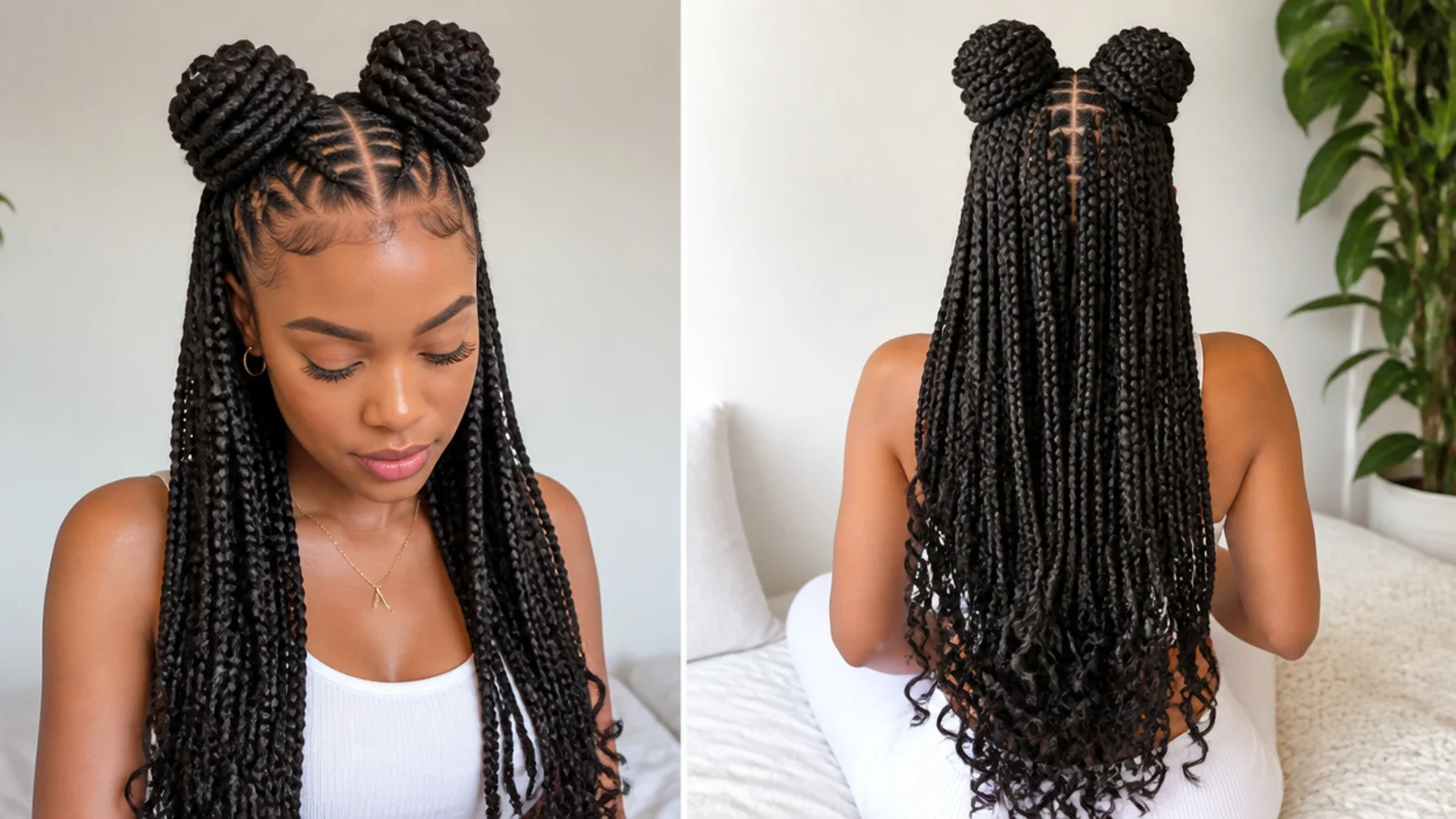 Braided space buns with added braiding hair for length and fullness