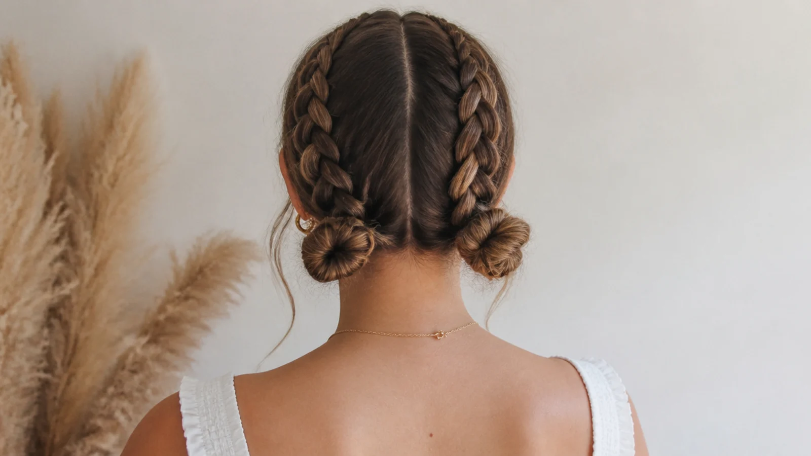 Braids leading down into low space buns at the nape