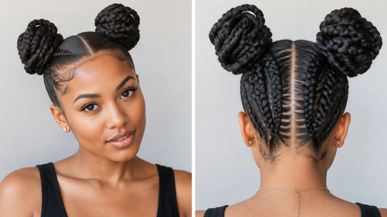 Sleek braided space buns with smoothed roots and laid edges