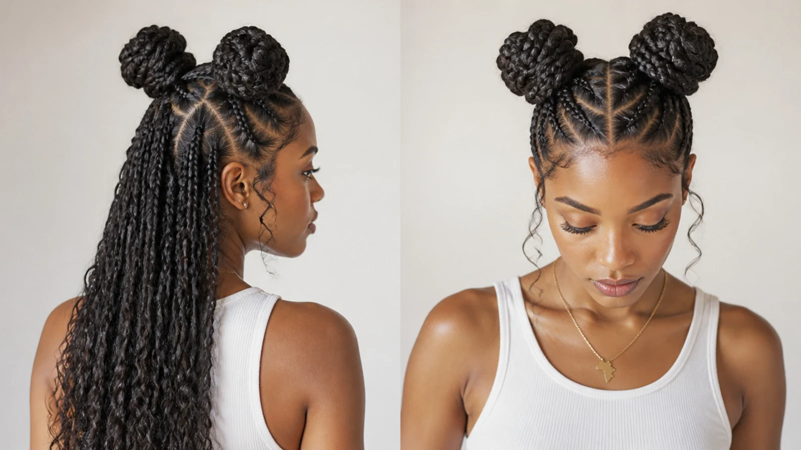 Braided space buns with a zigzag center part