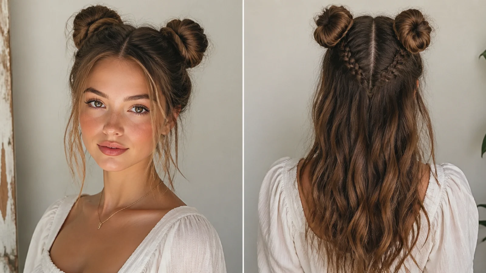 Soft boho braided space buns with loose face-framing pieces