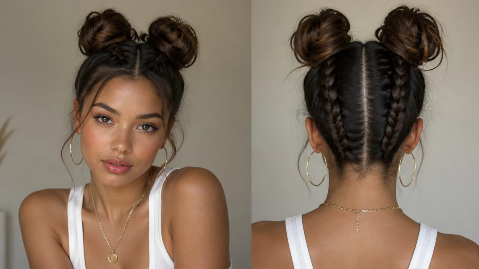 Space buns with braids leading up into each bun
