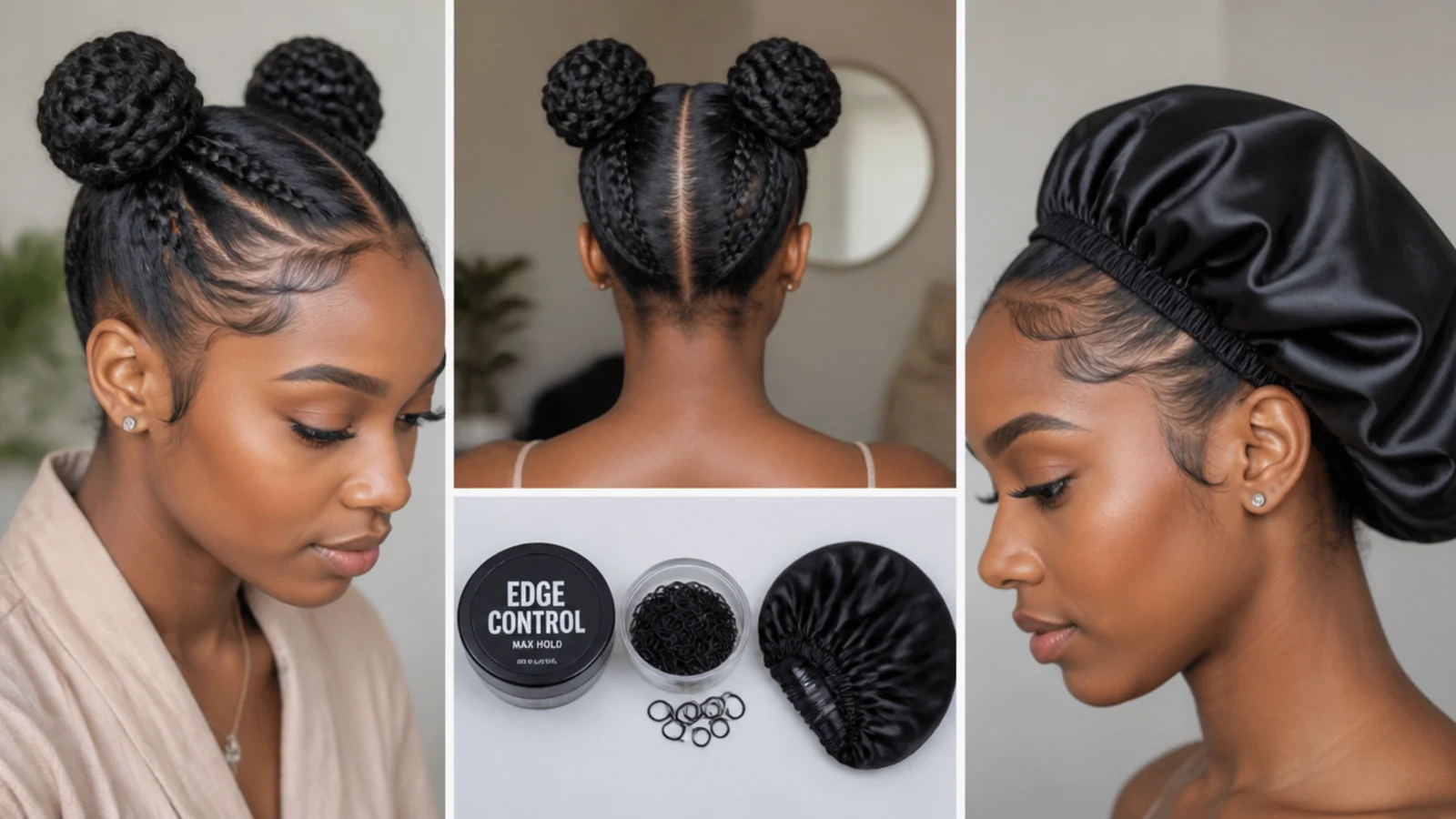 Edge control, small elastics and a satin bonnet for lasting braided buns