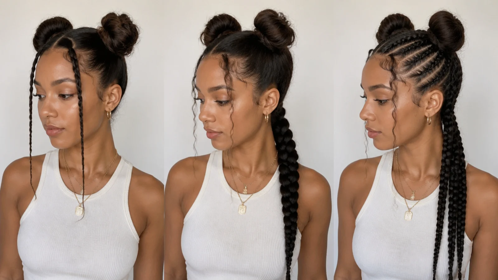 A simple twist, a three-strand braid and cornrows shown side by side