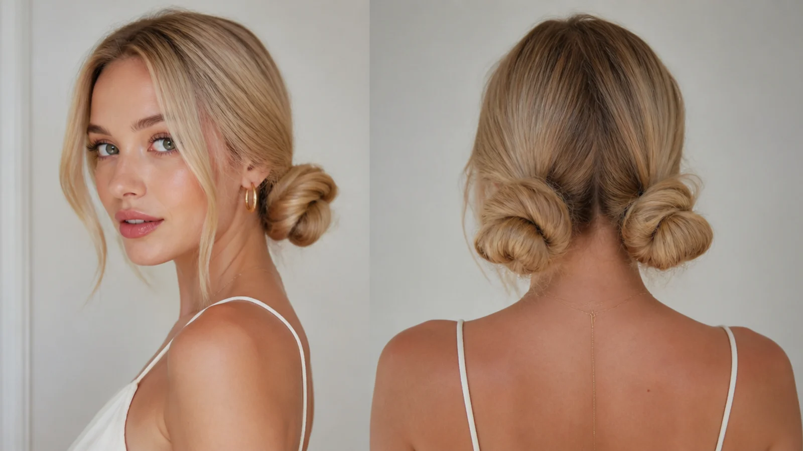 Two full low space buns on long hair at the nape