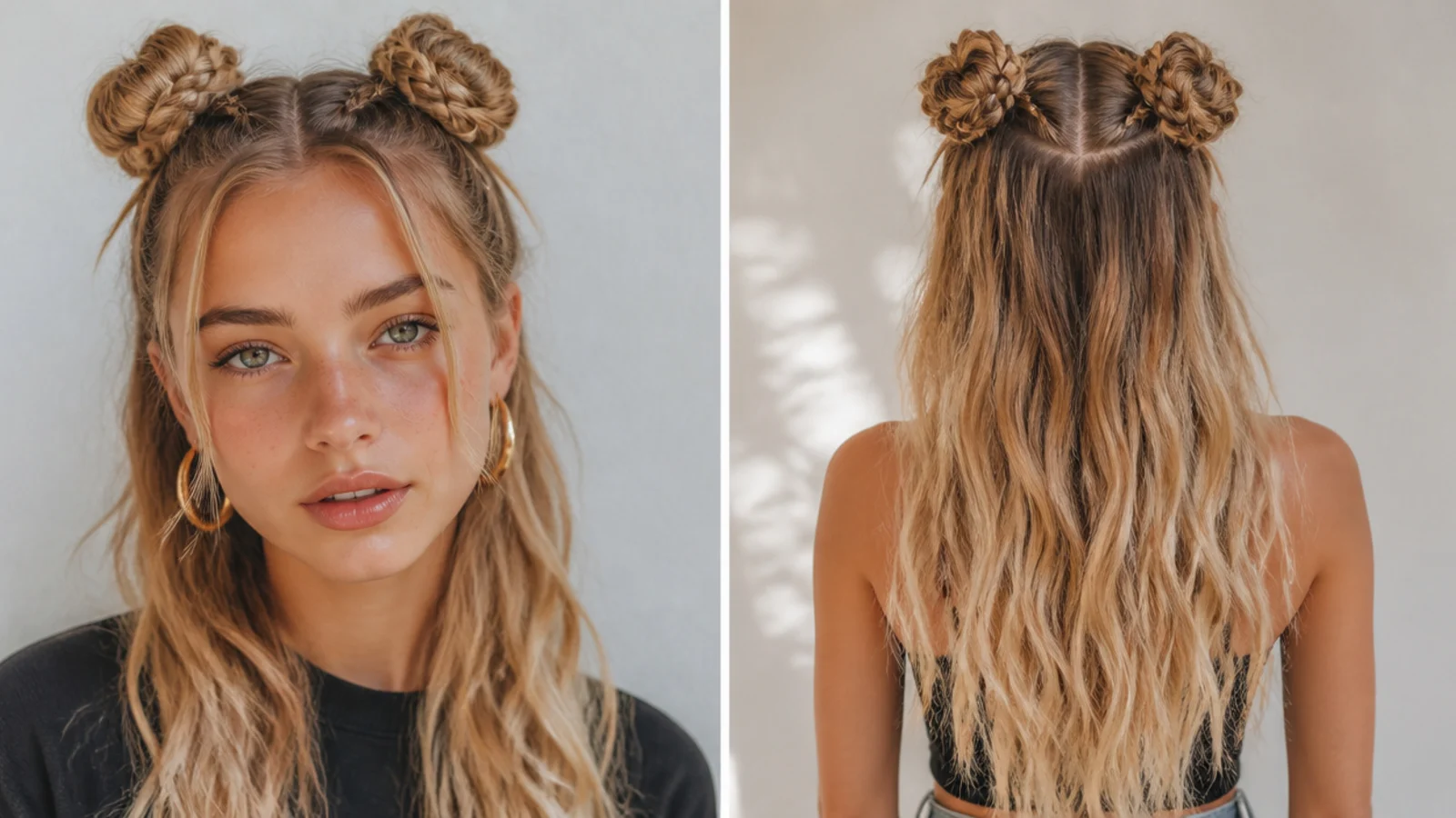 Space buns on long hair with braids leading into each bun